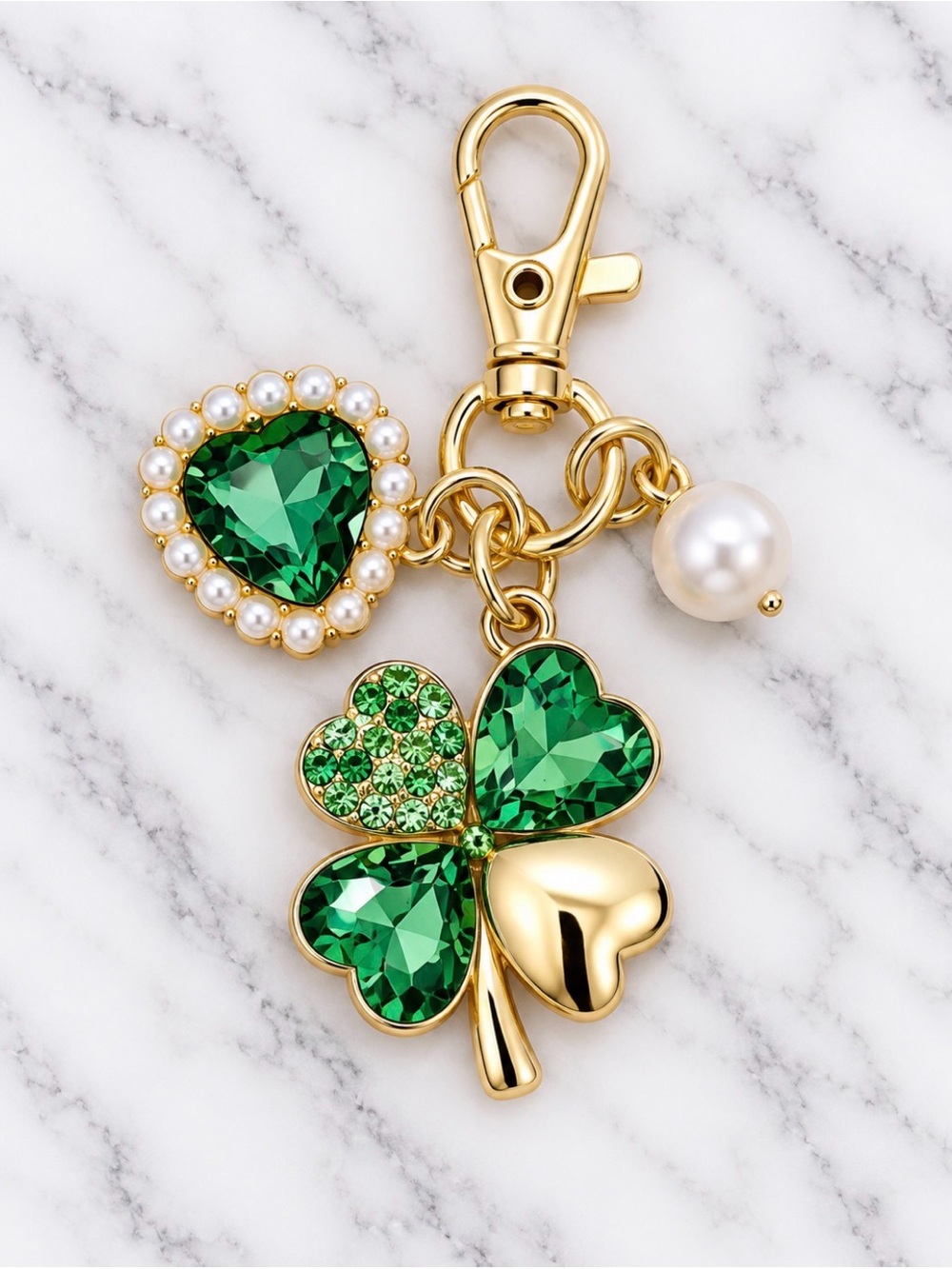 Bag Charm/Keyring-Green Rhinestone Clover & Heart with Faux Pearl-Gold Hardware